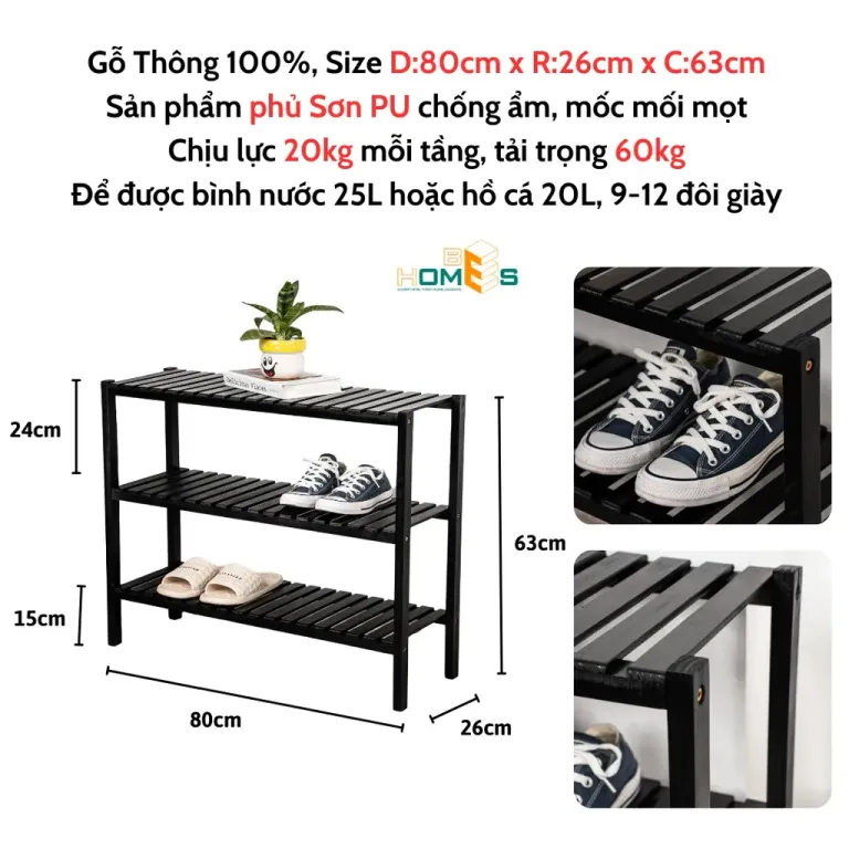 Kệ Giày Gỗ 3 Tầng 80cm