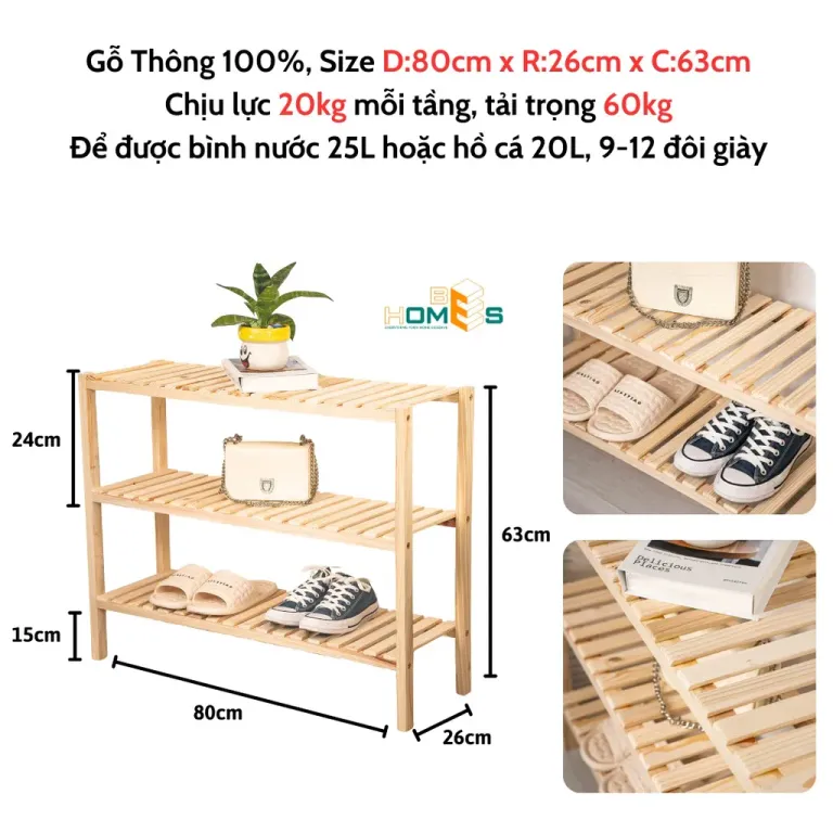 Kệ Giày Gỗ 3 Tầng 80cm