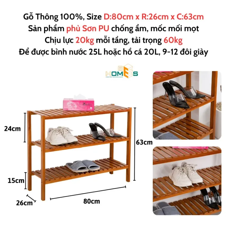 Kệ Giày Gỗ 3 Tầng 80cm