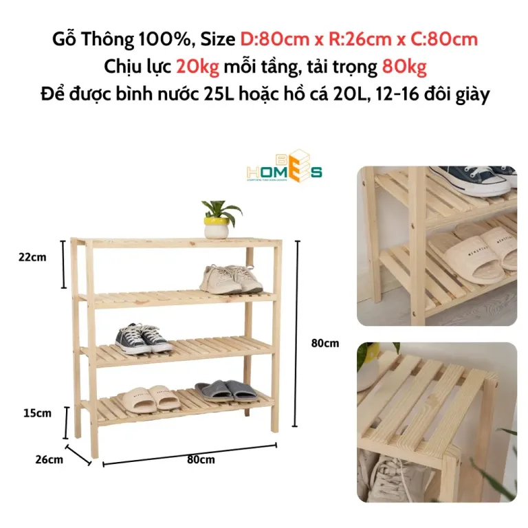 Kệ Giày Gỗ 4 Tầng 80cm