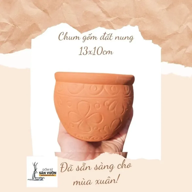 Chậu Gốm Đất Nung Trồng Cây Dáng Chum Vân Hoa Rộng 13cm X Cao 10cm