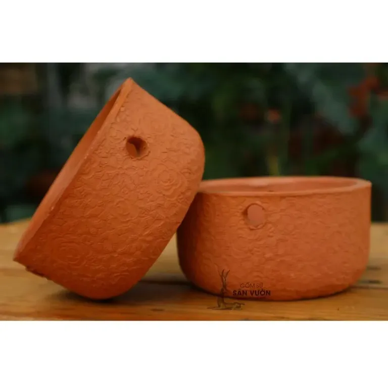 Chậu Treo Trồng Cây Gốm Đất Nung (Terracotta) DÁNG NỒI, HOA VĂN HOA HỒNG W12xH6