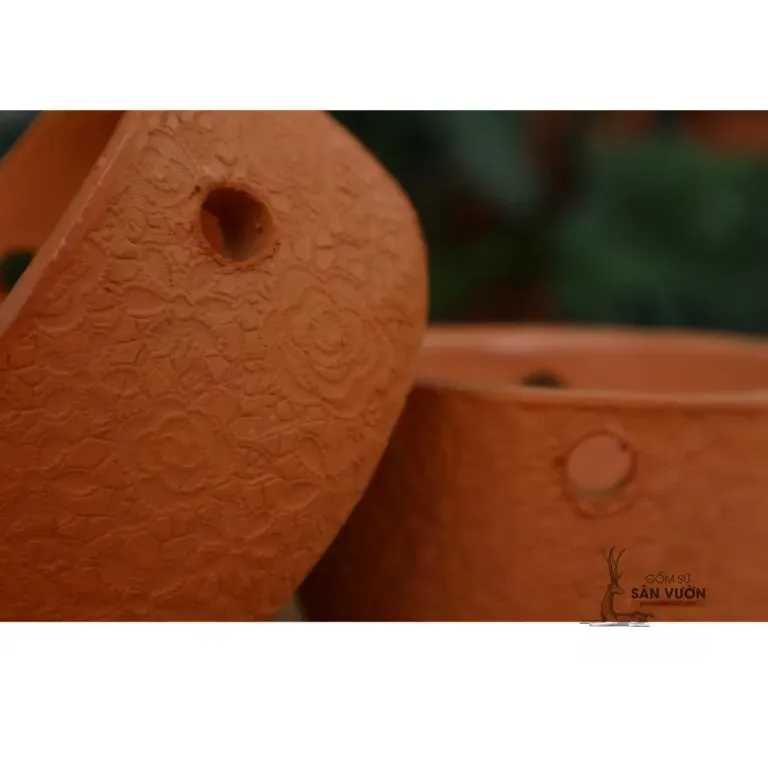 Chậu Treo Trồng Cây Gốm Đất Nung (Terracotta) DÁNG NỒI, HOA VĂN HOA HỒNG W12xH6