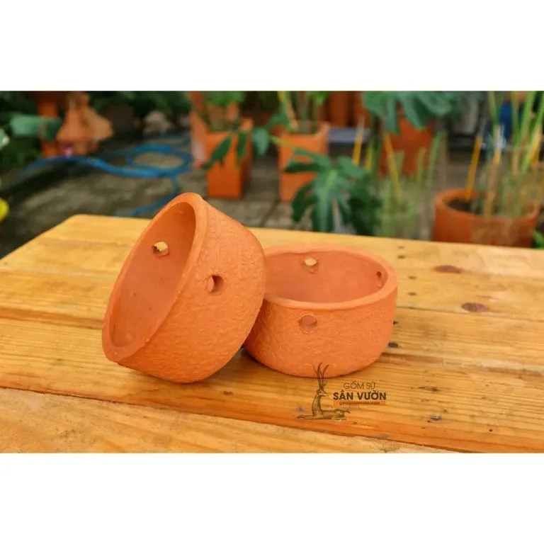 Chậu Treo Trồng Cây Gốm Đất Nung (Terracotta) DÁNG NỒI, HOA VĂN HOA HỒNG W12xH6