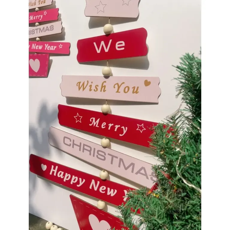 Set Chữ Mery Chrismas Và Happy New Year Hình Cây Thông Bằng Gỗ Vẽ Tay Treo Tường, Decor Noel