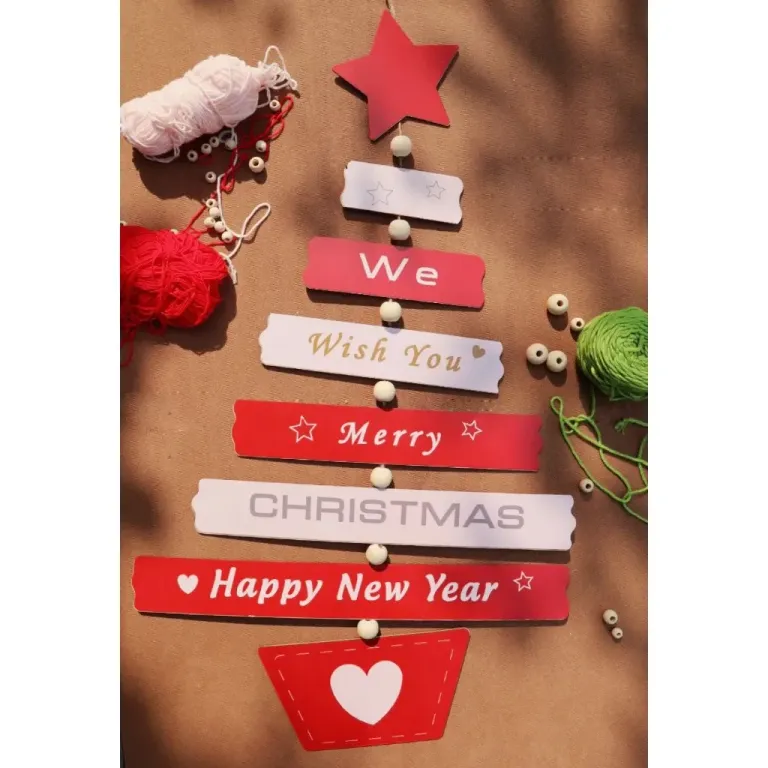 Set Chữ Mery Chrismas Và Happy New Year Hình Cây Thông Bằng Gỗ Vẽ Tay Treo Tường, Decor Noel