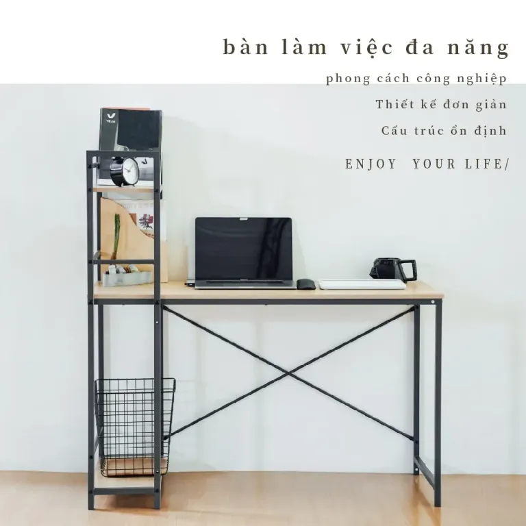 Bàn Làm Việc, Bàn Văn Phòng Kèm Kệ Đa Năng RICHOME DE203GR. Ván MDF Cao Cấp, Chống Nước, Chống Xước