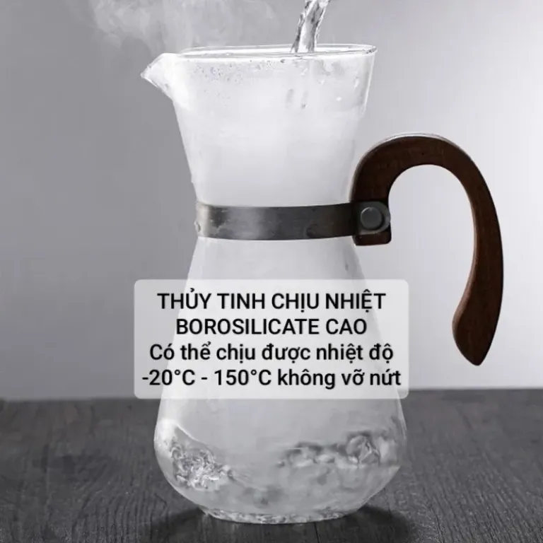 Bình Pha Cà Phê Chemex 600ML Thủy Tinh Chịu Nhiệt, Tay Cầm Gỗ Cách Nhiệt, Chống Trơn, Có Chia Vạch Kèm Phễu Lọc Inox 304