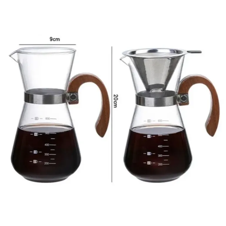 Bình Pha Cà Phê Chemex 600ML Thủy Tinh Chịu Nhiệt, Tay Cầm Gỗ Cách Nhiệt, Chống Trơn, Có Chia Vạch Kèm Phễu Lọc Inox 304