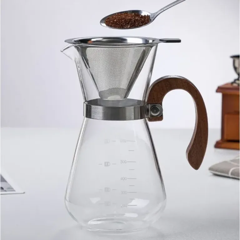 Bình Pha Cà Phê Chemex 600ML Thủy Tinh Chịu Nhiệt, Tay Cầm Gỗ Cách Nhiệt, Chống Trơn, Có Chia Vạch Kèm Phễu Lọc Inox 304