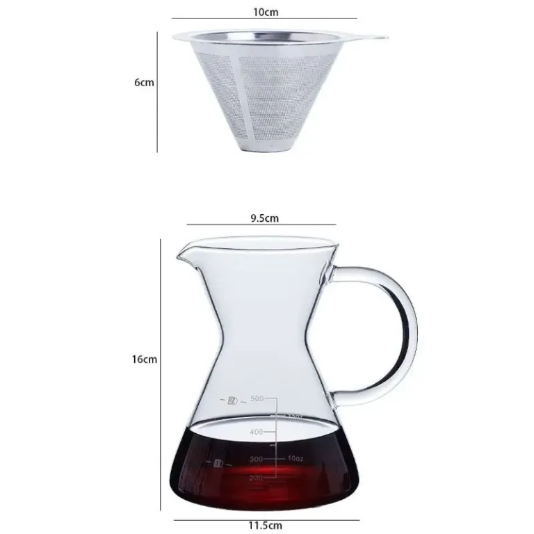 Bình Pha Cà Phê Chemex Tay Cầm Thủy Tinh Có Phễu Inox 500ML