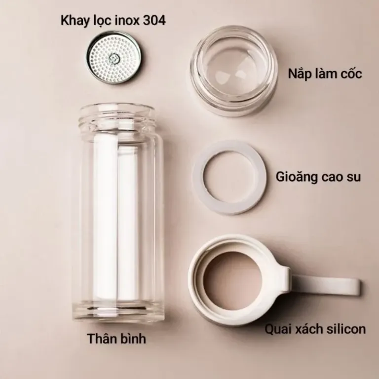 Bình Pha Trà Cao Cấp Thủy Tinh 2 Lớp Giữ Nhiệt Tốt Sang Trọng Có Lõi Lọc, Quai Xách Silicon 400ML - 450ML