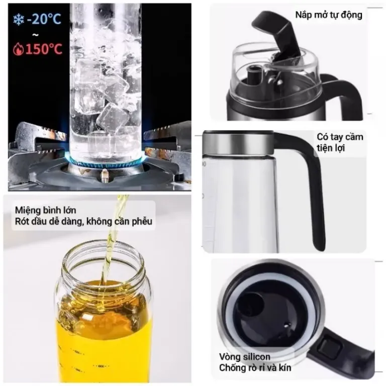 Chai Lọ Bình Thủy Tinh Đựng Dầu Ăn có Chia Vạch Tay Cầm Nắp Mở Tự Động Thông Minh 550ML Tronh Nhà Bếp