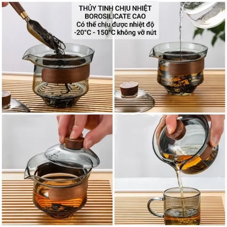 Chén Khải Tiềm Trà 230ML Bằng Thủy Tinh Chịu Nhiệt Borosilicate Cao Cấp Có Nắp, Núm Gỗ Tre