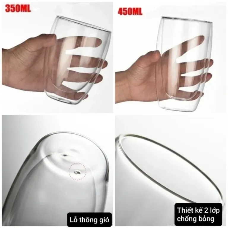 Cốc Thủy Tinh 2 Lớp Cách Nhiệt 350ML - 450ML Thủy Tinh Borosilicate Chịu Nhiệt Tốt