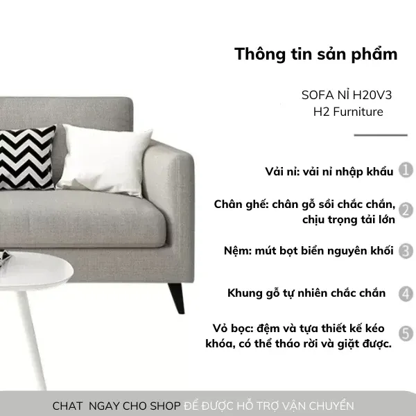 [ FREESHIP HÀ NỘI] Ghế Sofa Nỉ H20V3 H2 Furniture Êm Ái, Bền Đẹp Bảo Hành 1 Năm