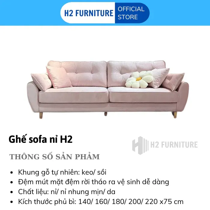 [Freeship Hà Nội] Ghế Văng Sofa Nỉ H2 Furniture Dành Cho 3 Tới 5 Người Ngồi, Sofa Phòng Khách Phong Cách Bắc Âu