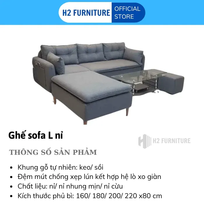 [Freeship HN] Ghế Sofa Góc L Nỉ Kích Thước 2m2x1m6 H2 Furniture 2m2x1m4 Sofa Góc L Di Động Thông Minh