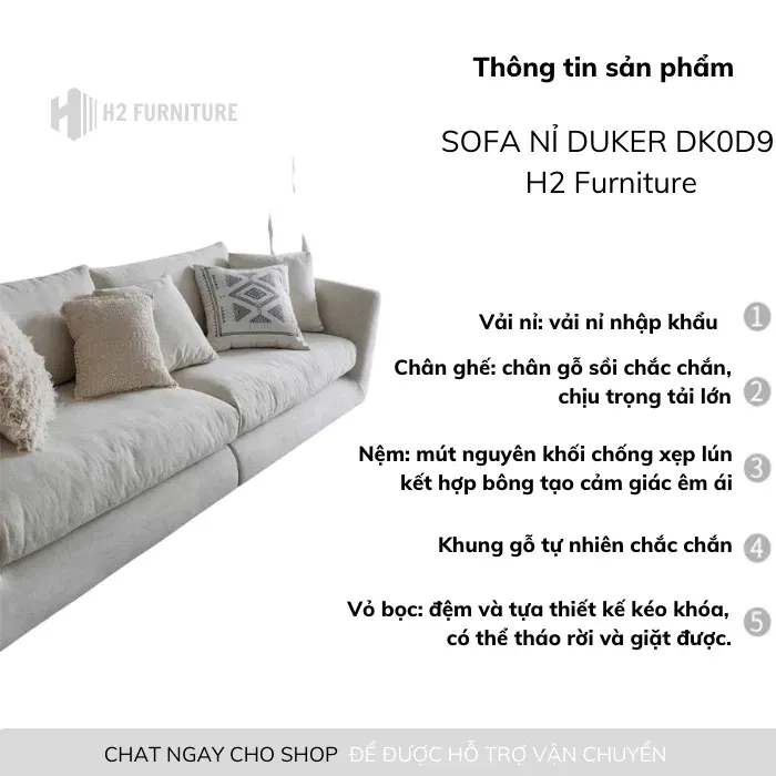 [Freeship HN] Sofa Duker Nỉ Hàn Cao Cấp DK0D9 H2 Furnirure, Sofa Curved Với Chất Liệu Vải Nỉ Cao Cấp Kết Hợp Lò Xo Giàn