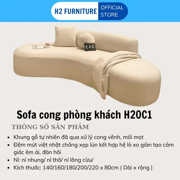 Ghế Sofa Nỉ Cong H2 Furniture Kích Thước Đa Dạng Mặt Đệm Lò Xo Với Khung Gỗ Chắc Chắn, Sofa Cong Phòng Khách H20C1