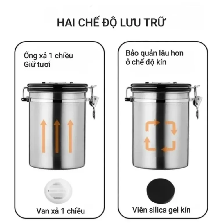 Hộp Đựng Cà Phê Chuyên Dụng Theo Dõi Ngày Lưu, Van Xả CO2 Bảo Vệ Trà Hút Chân Không Kèm Muỗng Thìa Inox 1500ML 1800ML