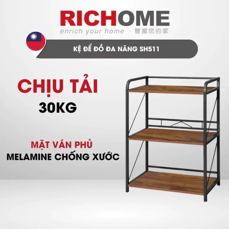 Kệ Để Đồ 3 Tầng Đa Năng RICHOME SH511WN-1 - Khung Sắt Chắc Chắn Sơn Tĩnh Điện, Ván MDF Phủ Melamin