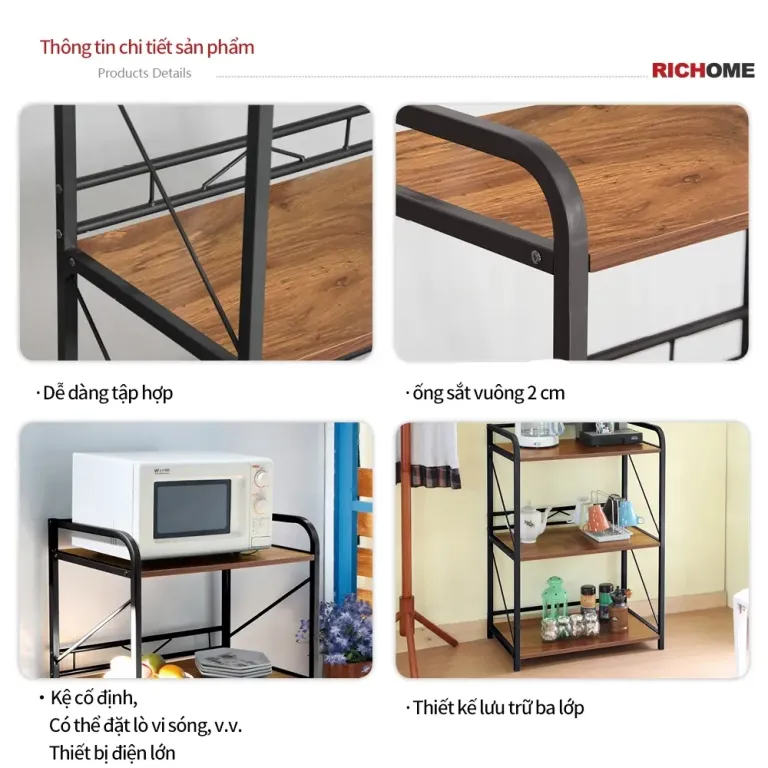 Kệ Để Đồ 3 Tầng Đa Năng RICHOME SH511WN-1 - Khung Sắt Chắc Chắn Sơn Tĩnh Điện, Ván MDF Phủ Melamin