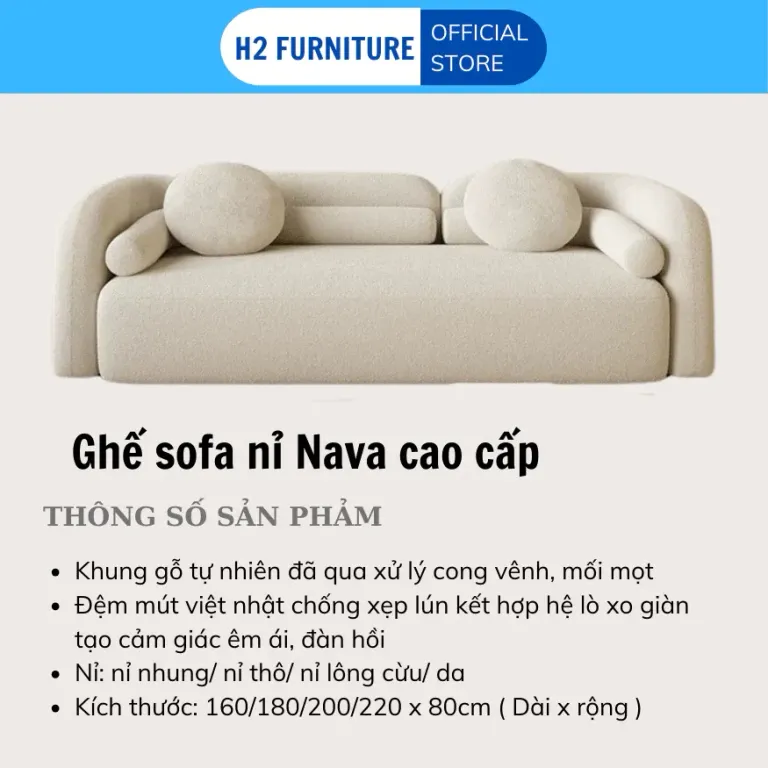 [Miễn Ship HN] Ghế Sofa Nỉ Nava Cao Cấp H2 Furniture Đệm Lò Xo Đàn Hồi Êm Ái Kích Thước Theo Yêu Cầu Bảo Hành 1 Năm