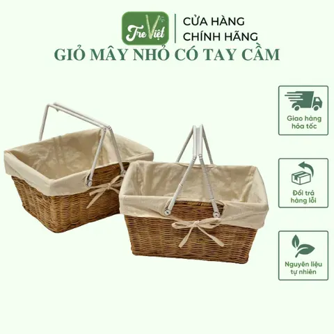 Giỏ Picnic Mây Có Quai Có Lót Vải - Giỏ Mây Đi Du Lịch, Dã Ngoại Để Chụp Ảnh/ Trang Trí