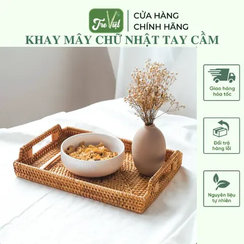 Khay Mây Chữ Nhật Tay Cầm Đựng Bình Trà, Đựng Đồ Ăn Trang Trí - Rattan Tray