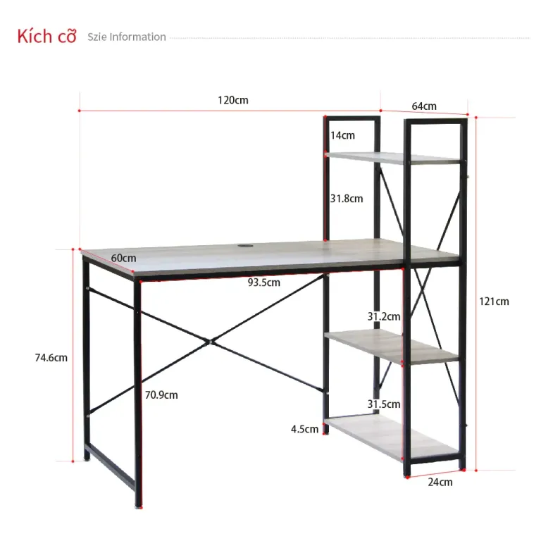 Bàn Làm Việc, Bàn Văn Phòng Kèm Kệ Sách Đa Năng RICHOME DE260 -Kệ Sách Đa Năng, Điều Chỉnh Trái Phải