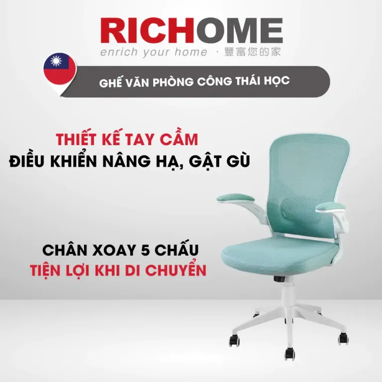 Ghế Văn Phòng Công Thái Học RICHOME CH1402, Tay Gập, Điều Chỉnh Lưng, Chống Gù. Hàng Nhập Khẩu