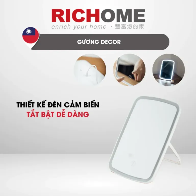 Gương Decor Trang Trí MR148 Gương Có Đèn LED, Nút Cảm Biến Tắt Bật RICHOME