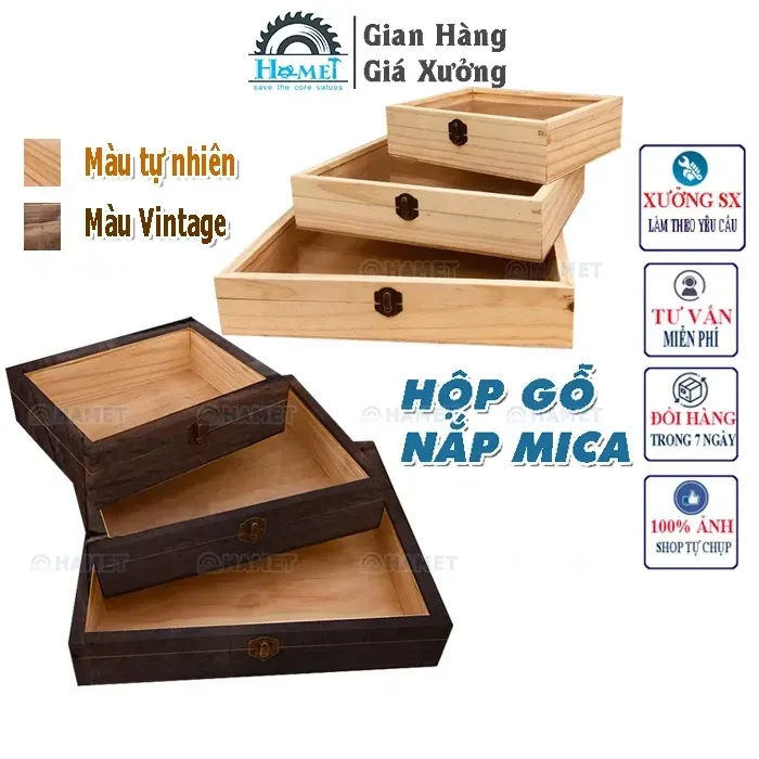 Hộp Gỗ Cao Cấp Nắp Mica Có Khóa Hình Chữ Nhật 4cm (HAMET_HGTNMK)