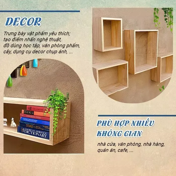 Kệ Gỗ Vuông Gắn Tường Decor HAMET Chất Gỗ Dày Dặn Giúp Không Gian Sống Thanh Lịch Ấm Áp