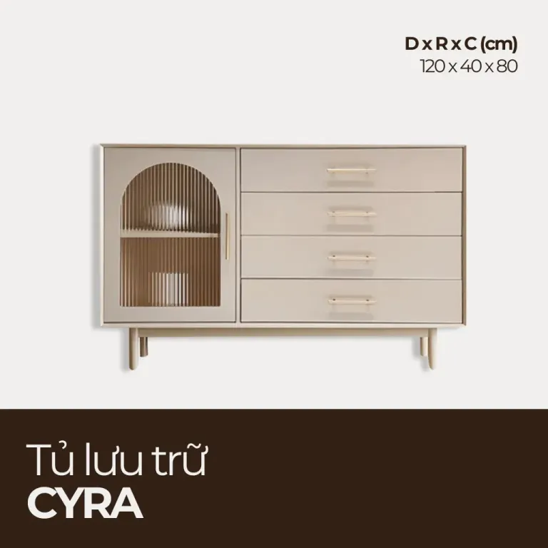 CYRA, Tủ Lưu Trữ, Trang Trí 4 Hộc 1 Cánh Kính Sọc, TLT_032, 120x40x80m, Nội thất HGF