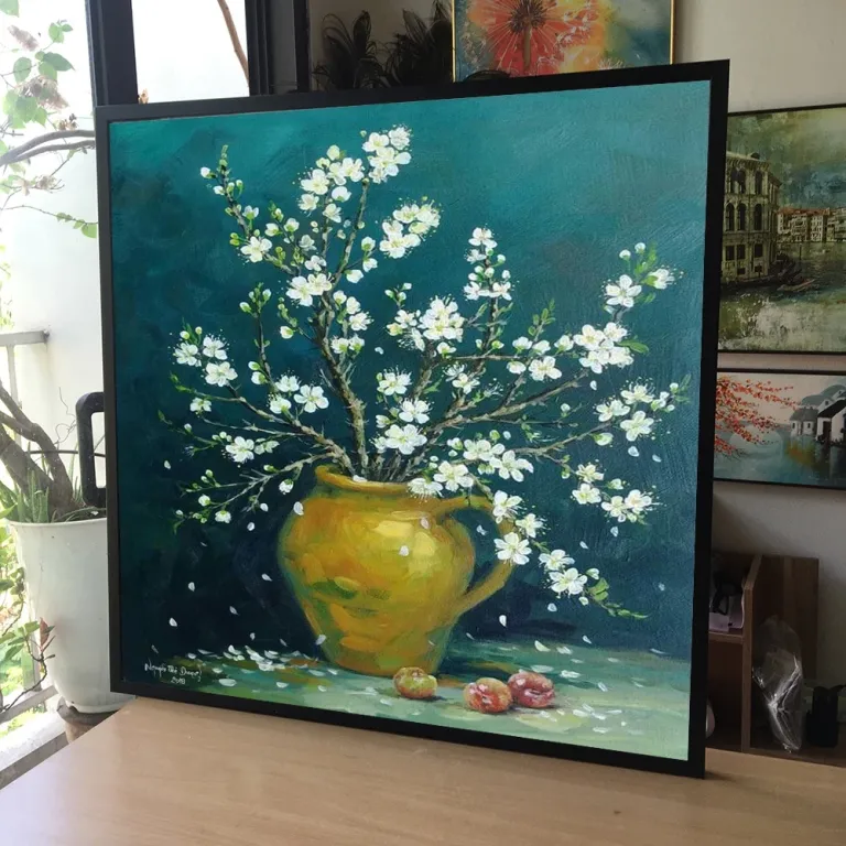 (BÌnh Hoa Xuân) 60x60cmTranh in canvas kích thước chủ đề Bình Hoa Tết