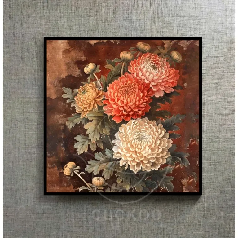 (Hoa Cúc Cổ) 60x60cm, tranh in vải canvas lụa kimsa, đủ khung và đinh treo.