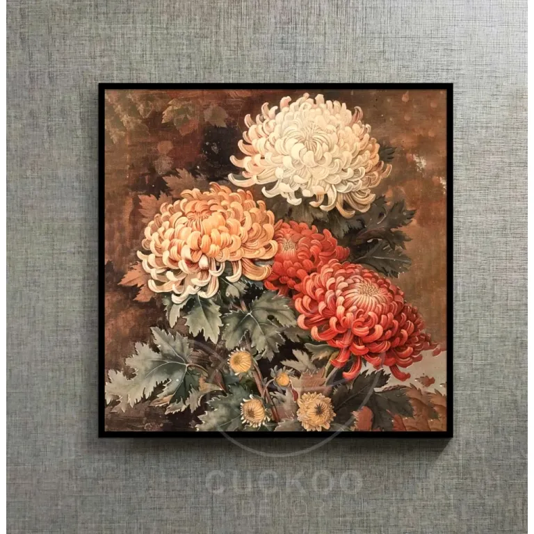 (Hoa Cúc Cổ) 60x60cm, tranh in vải canvas lụa kimsa, đủ khung và đinh treo.