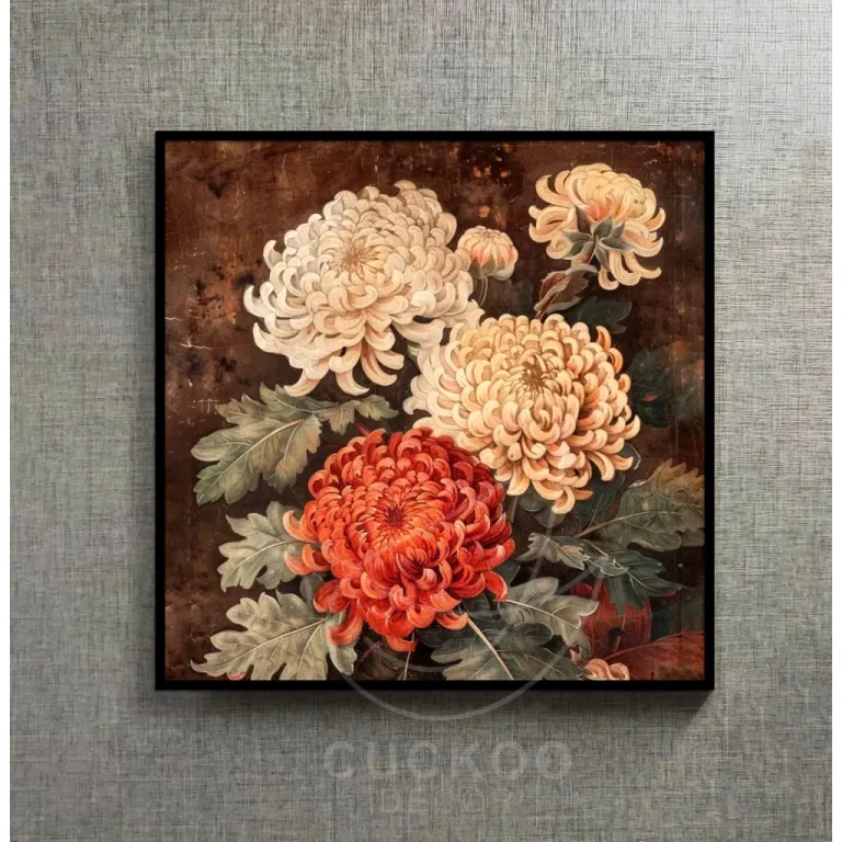 (Hoa Cúc Cổ) 60x60cm, tranh in vải canvas lụa kimsa, đủ khung và đinh treo.