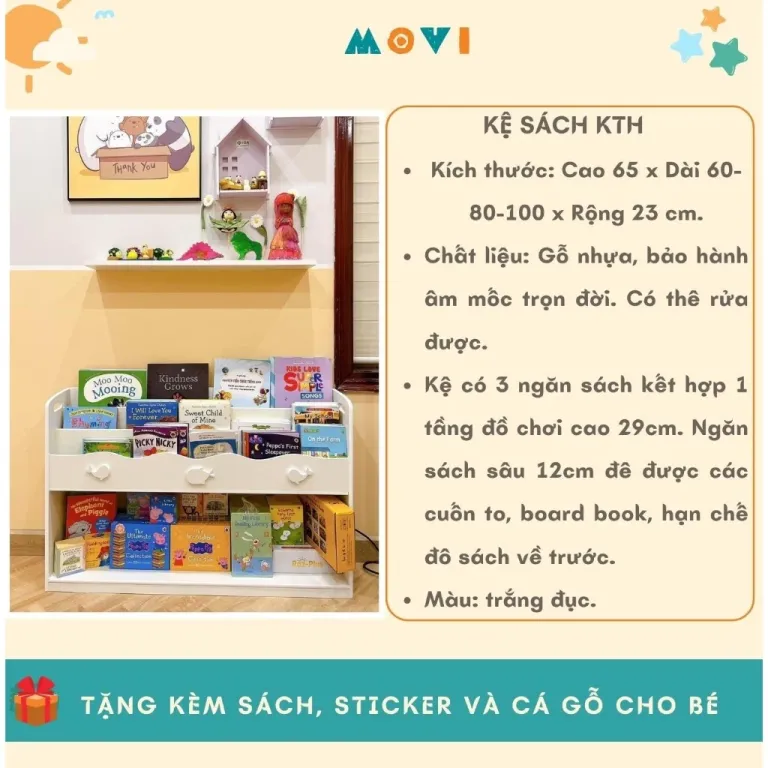 Kệ sách cho bé, kệ đồ chơi, giá sách gỗ 3 tầng, giá sách kết hợp kệ đồ chơi Montessori cho bé KTH