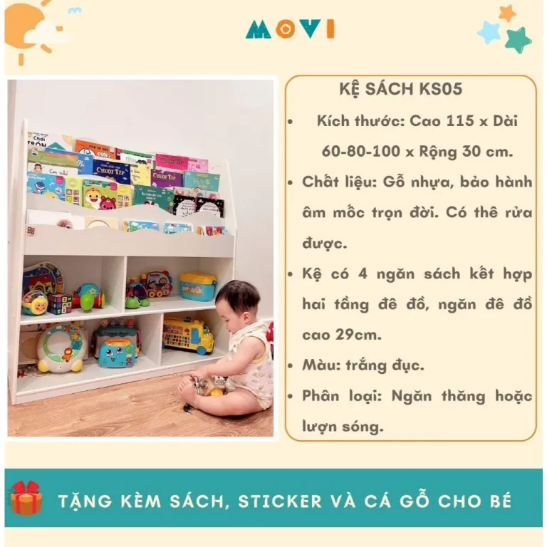 Kệ sách cho bé, kệ đồ chơi, giá sách gỗ 4 tầng, giá sách kết hợp kệ đồ chơi Montessori cho bé KS05