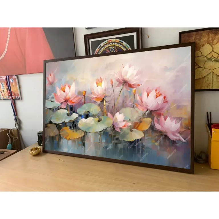 (Mới) Tranh Hoa Sen 60x90cm, tranh vải lụa canvas kimsa, miễn phí đinh treo, nhận in theo yêu cầu