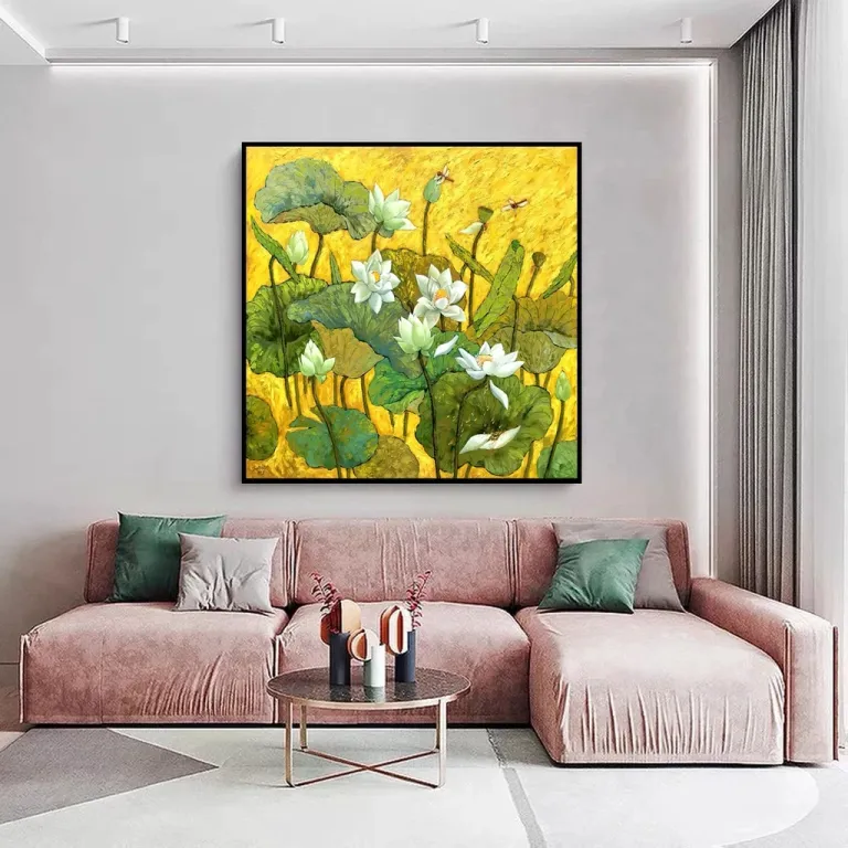 NEW - Sen Trắng Vàng 100x100cm bản in canvas đủ khung và đinh treo