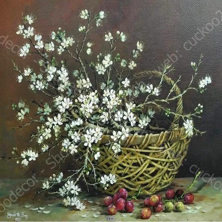 (New) Tranh in bình hoa dạng sơn dầu, kích thước 60x60cm, đủ khung và đinh treo