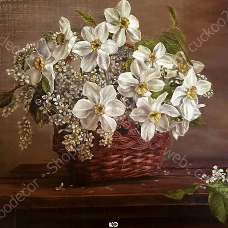 (New) Tranh in bình hoa dạng sơn dầu, kích thước 60x60cm, đủ khung và đinh treo