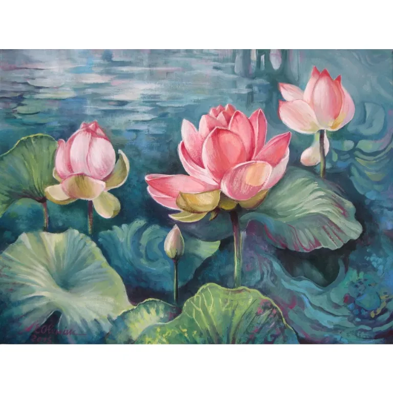 (New) Tranh in vải canvas hoa sen - kích thước 90x135cm - đủ khung và đinh treo