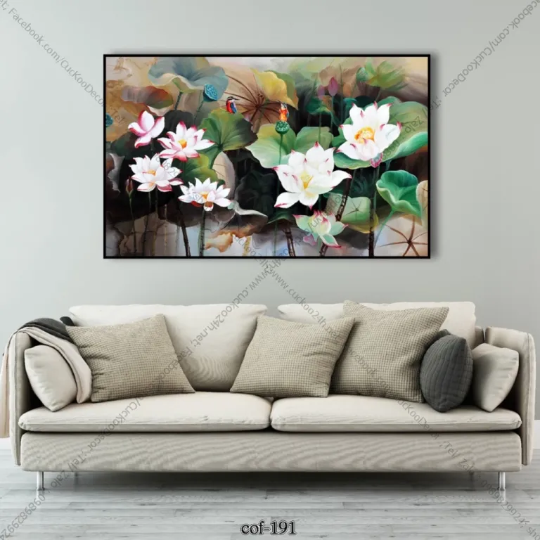 (New) Tranh in vải canvas hoa sen - kích thước 90x135cm - đủ khung và đinh treo