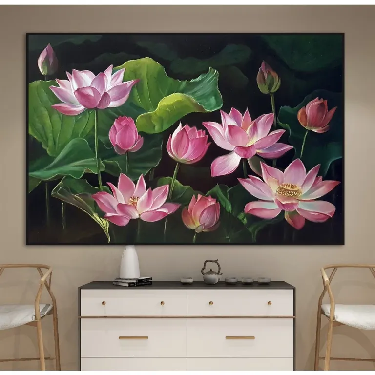 (New) Tranh in vải canvas hoa sen - kích thước 90x135cm - đủ khung và đinh treo