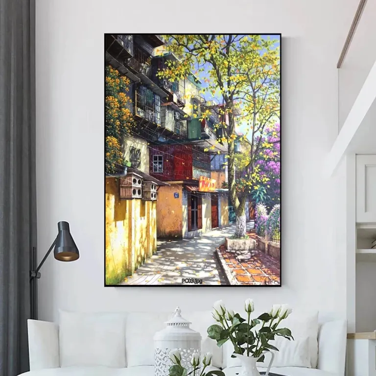 (NEW) Tranh in vải Hà Nội cũ 60x90cm - Tranh in vải canvas, đủ khung và đinh treo tranh